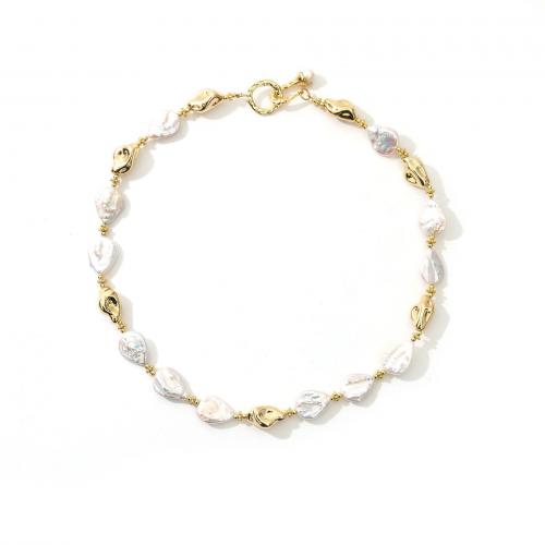 Freshwater Pearl Brass Chain Necklace, cobre, with Pérolas de água doce, banhado a ouro genuino, joias de moda & para mulher, branco, níquel, chumbo e cádmio livre, comprimento Aprox 51 cm, vendido por PC
