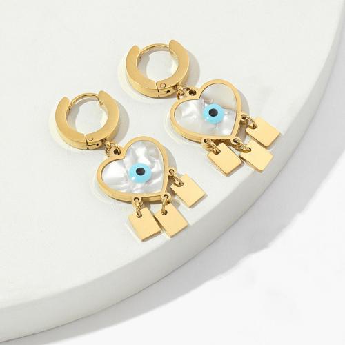 Evil Eye Earrings, Titanium Steel, with Acrylic, Heart, Vacuum Ion Plating, fashion jewelry & for woman & enamel, golden, 30x40mm, Sold By Pair