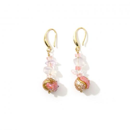 Freshwater Pearl Earrings Brass with Freshwater Pearl & Rose Quartz real gold plated fashion jewelry & for woman mixed colors nickel lead & cadmium free Sold By Pair