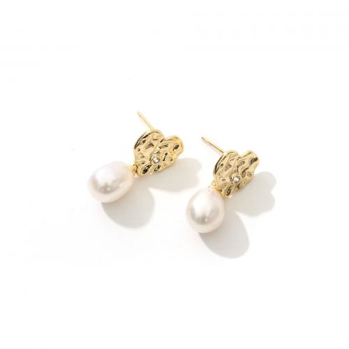 Freshwater Pearl Earrings, Brass, with Freshwater Pearl, real gold plated, fashion jewelry & micro pave cubic zirconia & for woman, white, nickel, lead & cadmium free, 10x20mm, Sold By Pair