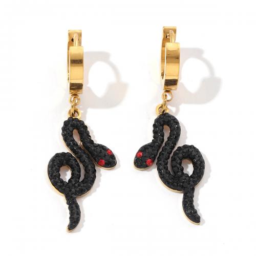Boucle d'oreille Acier Titane, serpent, bijoux de mode & pour femme & avec strass, noire, 14x41mm, Vendu par paire