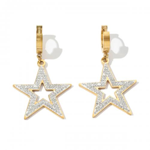 Boucle d'oreille Acier Titane, étoile, bijoux de mode & pour femme & avec strass & creux, blanc, 28x46mm, Vendu par paire
