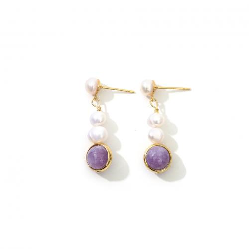 Freshwater Pearl Earrings Brass with Freshwater Pearl & Amethyst real gold plated fashion jewelry & for woman mixed colors nickel lead & cadmium free Sold By Pair
