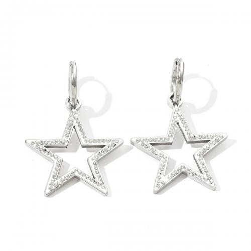Titanium Steel  Earring, Star, fashion jewelry & for woman & with rhinestone & hollow, original color, 28x43mm, Sold By Pair