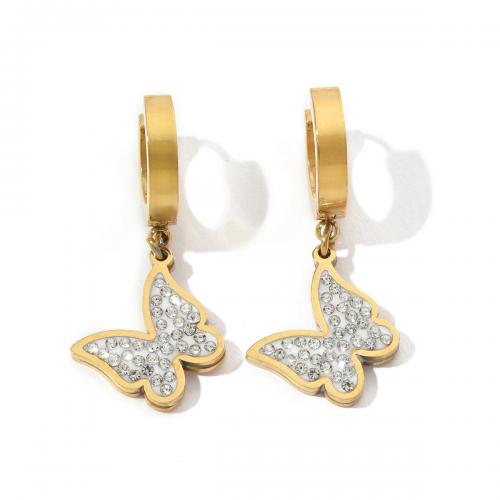 Boucle d'oreille Acier Titane, papillon, bijoux de mode & pour femme & avec strass, blanc, 15x33mm, Vendu par paire