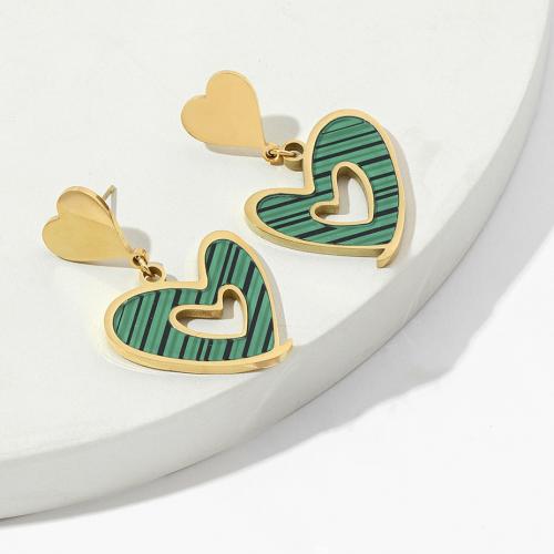 Titanium Steel  Earring, with Acrylic, Heart, Vacuum Ion Plating, fashion jewelry & for woman & hollow, green, 25x40mm, Sold By Pair