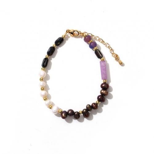 Freshwater Cultured Pearl Bracelet Brass with Black Spinel & Aventurine & Freshwater Pearl with 5cm extender chain real gold plated fashion jewelry & for woman mixed colors nickel lead & cadmium free Length Approx 15 cm Sold By PC