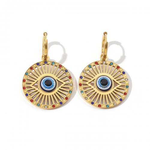 Evil Eye Earrings Titanium Steel Flat Round Vacuum Ion Plating fashion jewelry & for woman & enamel & with rhinestone & hollow mixed colors Sold By Pair