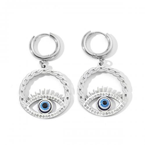 Evil Eye Earrings, Titanium Steel, Flat Round, fashion jewelry & for woman & enamel & with rhinestone & hollow, mixed colors, 21x40mm, Sold By Pair