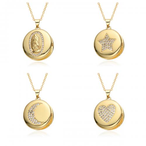 Fashion Locket Necklace, Brass, Flat Round, gold color plated, fashion jewelry & different designs for choice & micro pave cubic zirconia & for woman, more colors for choice, nickel, lead & cadmium free, 20x20x5mm, Length:Approx 41-50 cm, Sold By PC