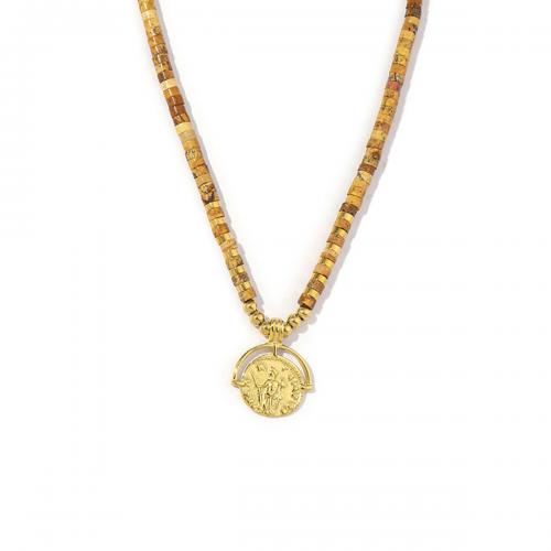 Titanstahl Halskette, mit Bild Jaspis, flache Runde, Modeschmuck & für Frau, gemischte Farben, Länge ca. 40-45.5 cm, verkauft von PC