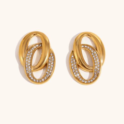 Stainless Steel Stud Earrings, 316L Stainless Steel, 18K gold plated, fashion jewelry & for woman & with rhinestone, golden, 31.70x21.20mm, Sold By Pair
