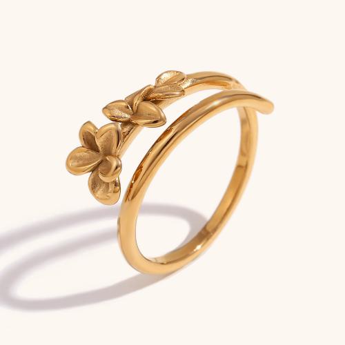 Anel de dedo de aço inoxidável, Aço inoxidável 316L, Flor, 18K banhado a ouro, joias de moda & para mulher, dourado, vendido por PC