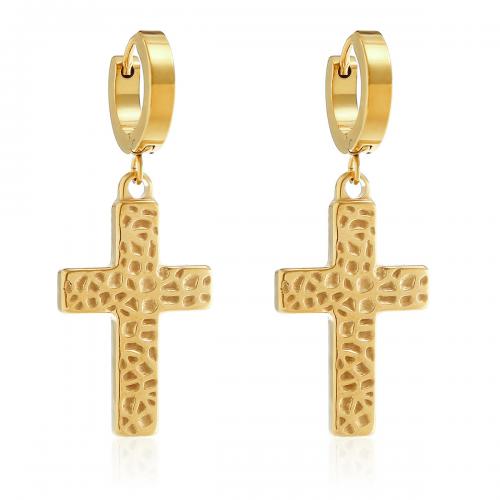 Huggie Hoop Drop Earring 304 Stainless Steel Cross Vacuum Ion Plating fashion jewelry & Unisex golden Sold By Pair