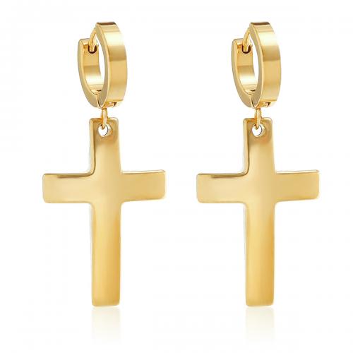 Huggie Hoop Drop Earring 304 Stainless Steel Cross Vacuum Ion Plating fashion jewelry & Unisex golden Sold By Pair