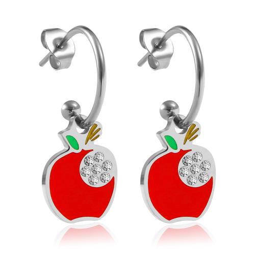 Stainless Steel Drop Earring, 304 Stainless Steel, Apple, fashion jewelry & for woman & enamel & with rhinestone, 11x28mm, Sold By Pair