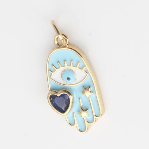 Evil Eye Pendants, Brass, gold color plated, DIY & micro pave cubic zirconia & enamel, blue, nickel, lead & cadmium free, 19.10x9.50x2.60mm, Sold By PC