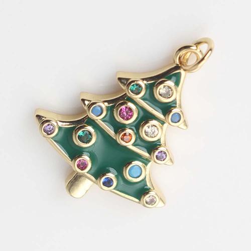 Cubic Zirconia Micro Pave Brass Pendant, Christmas Tree, gold color plated, DIY & micro pave cubic zirconia & enamel, green, nickel, lead & cadmium free, 19.90x16.40x2.50mm, Sold By PC