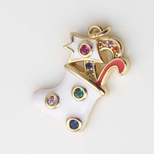 Cubic Zirconia Micro Pave Brass Pendant Christmas Sock gold color plated DIY & micro pave cubic zirconia & enamel white nickel lead & cadmium free Sold By PC