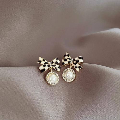 Tibetan Style Drop Earrings, with ABS Plastic Pearl, plated, fashion jewelry & micro pave cubic zirconia, golden, nickel, lead & cadmium free, 24mm, Sold By Pair