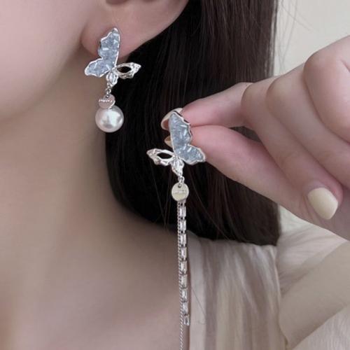 asymmetrische Ohrringe, Zinklegierung, mit ABS-Kunststoff-Perlen & Kristall, plattiert, Modeschmuck & Emaille, blau, frei von Nickel, Blei & Kadmium, verkauft von Paar
