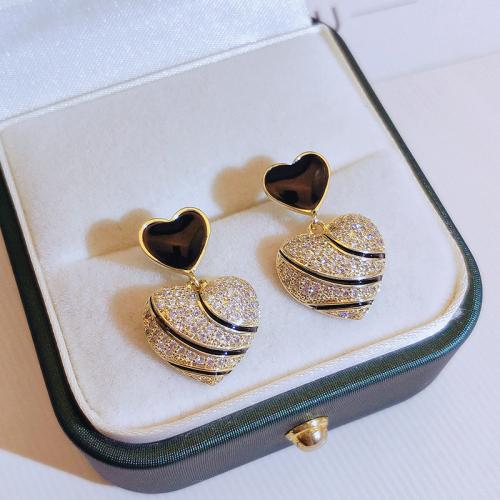 Zinc Alloy Drop Earrings Heart plated fashion jewelry & with rhinestone golden nickel lead & cadmium free Sold By Pair