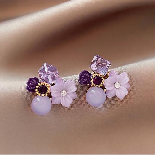 Zinc Alloy Stud Earring with Crystal & Acrylic Flower plated fashion jewelry & with rhinestone purple nickel lead & cadmium free Sold By Pair