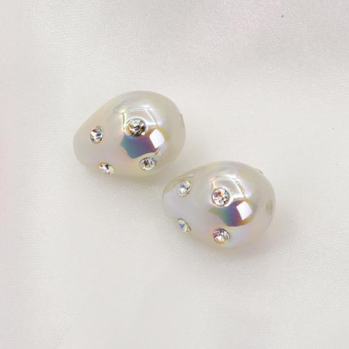 ABS Plastic Beads, ABS Plastic Pearl, Oval, DIY & with rhinestone, white, 17.50mm, 10PCs/Bag, Sold By Bag