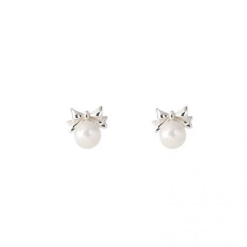 925 Sterling Silver Stud Earrings, with Plastic Pearl, plated, for woman, silver color, 8x7.80mm, Sold By Pair
