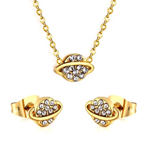 304 Stainless Steel Jewelry Set Stud Earring & necklace with 2inch extender chain plated 2 pieces & for woman & with rhinestone Length Approx 17.3 Inch Sold By Set