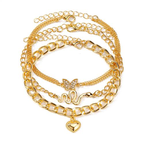 alliage de zinc bracelet de cheville, Placage de couleur d'or, trois pièces & pour femme & avec strass, Vendu par fixé