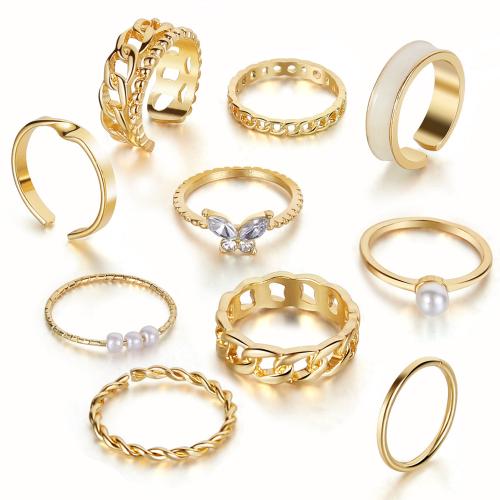 Tibetan Style Ring Set, with Crystal & Plastic Pearl, gold color plated, different styles for choice & for woman & hollow, Sold By Set