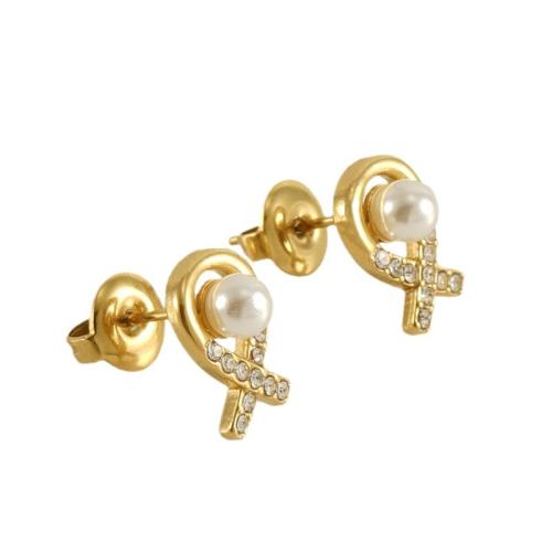 Stainless Steel Stud Earrings, 304 Stainless Steel, with Plastic Pearl, 18K gold plated, fashion jewelry & for woman & with rhinestone, golden, Sold By Pair