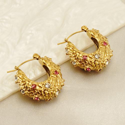 Stainless Steel Lever Back Earring, 304 Stainless Steel, 18K gold plated, fashion jewelry & for woman & with rhinestone, golden, 25x24mm, Sold By Pair