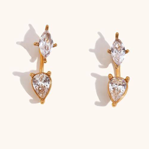 Stainless Steel Stud Earrings, 316L Stainless Steel, 18K gold plated, fashion jewelry & micro pave cubic zirconia & for woman, golden, Sold By Pair