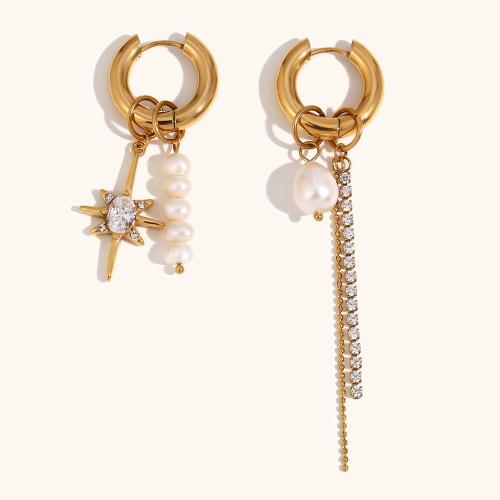 Asymmetric Earrings, 316L Stainless Steel, with Freshwater Pearl, 18K gold plated, fashion jewelry & micro pave cubic zirconia & for woman, golden, Sold By Pair