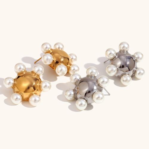Stainless Steel Stud Earrings 316L Stainless Steel with Plastic Pearl Vacuum Ion Plating fashion jewelry & for woman 31.80mm Sold By Pair