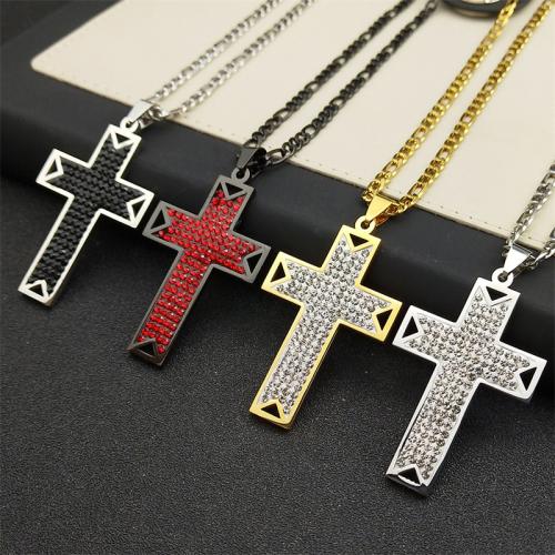 Stainless Steel Jewelry Necklace, 304 Stainless Steel, Cross, polished, fashion jewelry & Unisex & with rhinestone, more colors for choice, 45x30mm, Length:Approx 50 cm, Sold By PC