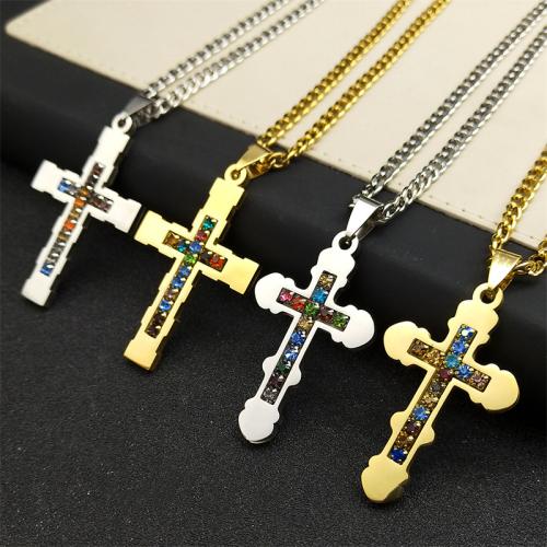 Stainless Steel Jewelry Necklace 304 Stainless Steel Cross polished Unisex & with rhinestone Length Approx 60 cm Sold By PC