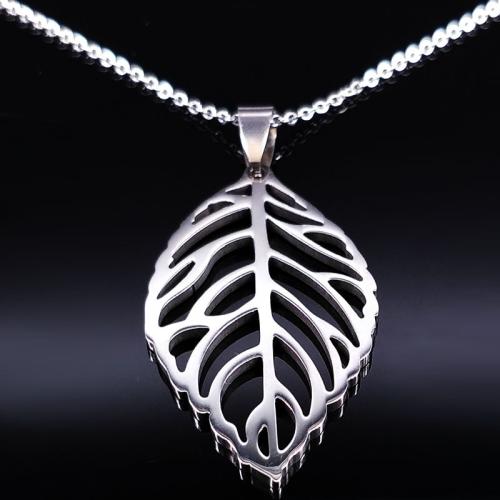 Stainless Steel Jewelry Necklace, 304 Stainless Steel, Leaf, polished, fashion jewelry & Unisex, silver color, 46x25mm, Length:Approx 50 cm, Sold By PC