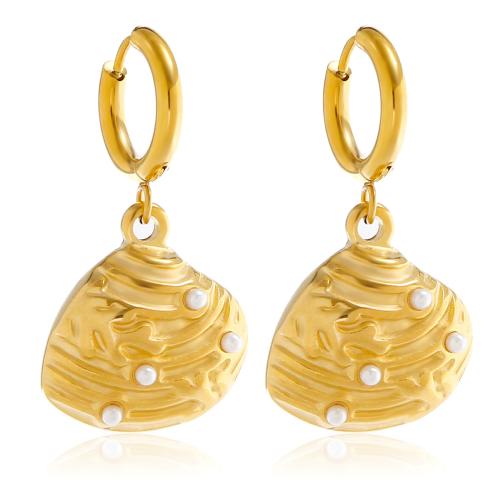Huggie Hoop Drop Ohrringe, 304 Edelstahl, mit Kunststoff Perlen, Schale, Modeschmuck & für Frau, goldfarben, 20x37mm, verkauft von Paar