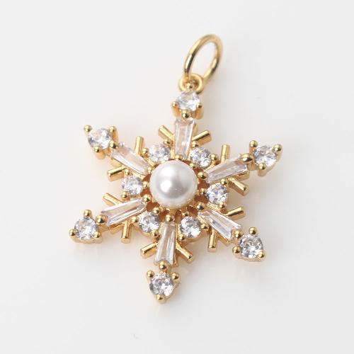Cubic Zirconia Micro Pave Brass Pendant, with Plastic Pearl, Snowflake, gold color plated, DIY & micro pave cubic zirconia, white, nickel, lead & cadmium free, 20.70x16.40x4.80mm, Sold By PC