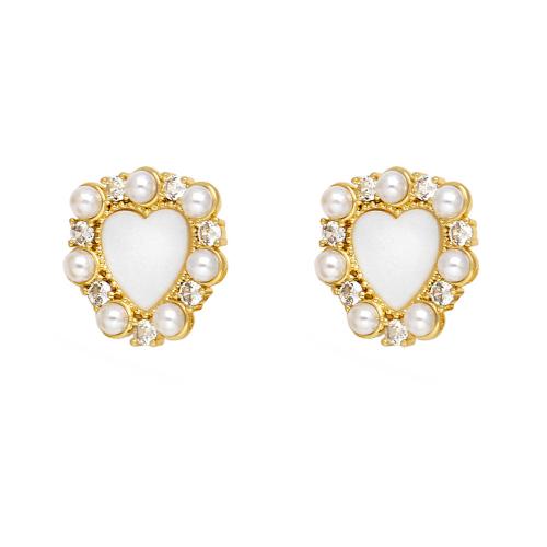 Cubic Zirconia Micro Pave Brass Earring, with Plastic Pearl, Heart, plated, fashion jewelry & micro pave cubic zirconia, golden, nickel, lead & cadmium free, 21x21mm, Sold By Pair