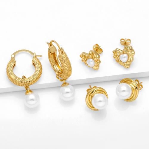 Messing Tropfen Ohrringe, mit ABS-Kunststoff-Perlen, plattiert, Modeschmuck & verschiedene Muster für Wahl, goldfarben, frei von Nickel, Blei & Kadmium, verkauft von Paar