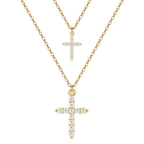 Messing Halskette, Kreuz, 14 K vergoldet, Doppelschicht & Modeschmuck & für Frau & mit Strass, frei von Nickel, Blei & Kadmium, verkauft von PC