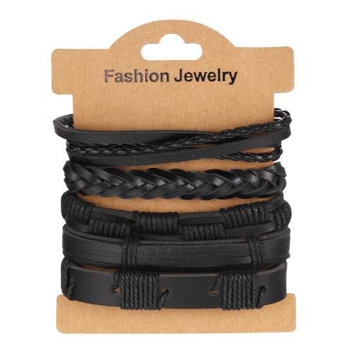 Bracelets cordon PU, cuir PU, fait à la main, 5 pièces & bijoux de mode & pour homme, noire, Vendu par fixé