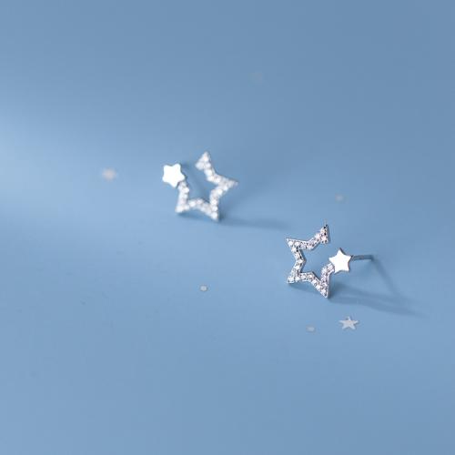 925 Sterling Silver Stud Earring Star plated for woman & with rhinestone & hollow 11mm Sold By Pair