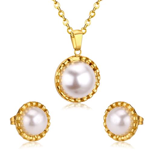 304 Stainless Steel Jewelry Set, Stud Earring & necklace, with Plastic Pearl, plated, 2 pieces & different styles for choice & for woman, Length:Approx 17.7 Inch, Sold By Set