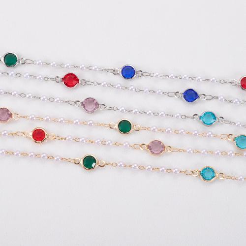 Brass Beading Chains, with Crystal & Plastic Pearl, Flat Round, plated, DIY, more colors for choice, nickel, lead & cadmium free, Sold By m