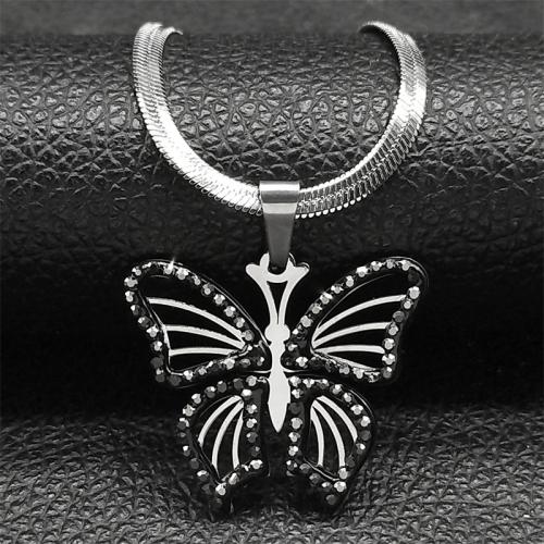 Stainless Steel Jewelry Necklace 304 Stainless Steel with 10cm extender chain Butterfly polished fashion jewelry & Unisex & with rhinestone silver color Length Approx 40 cm Sold By PC